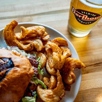 Bacon cheeseburger, fries, and beer.