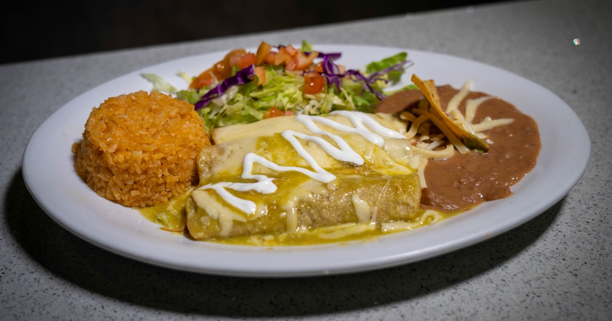 Flautas with rice, beans, and salad