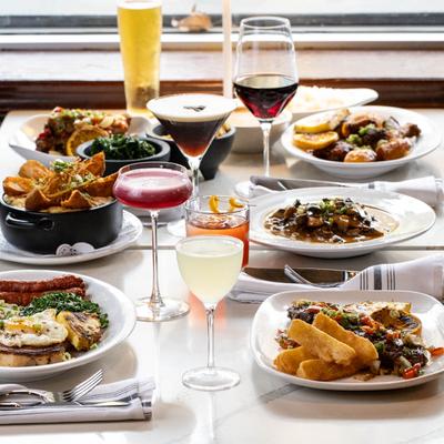 An assortment of food and drinks.