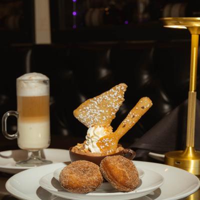 Chocolate espresso mousse with cinnamon sugar donuts.