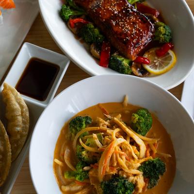 Thai Curry and Teriyaki Salmon.