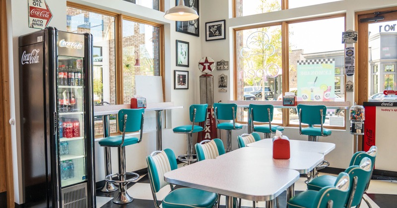 Bright diner seating by large windows