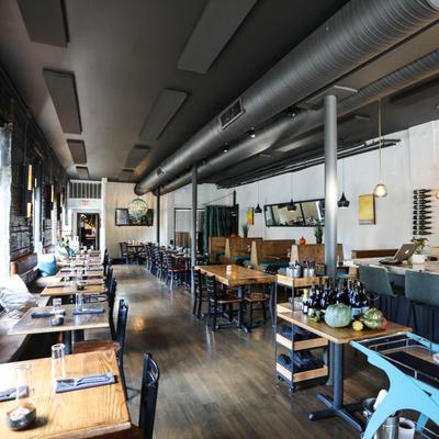 Interior, tables, chairs, counter, decorations, ventilation pipes, lights