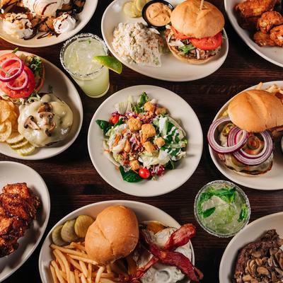 Assorted food and drinks.