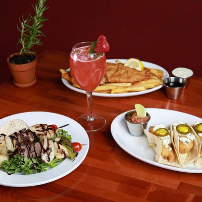 Various food and a cocktail.