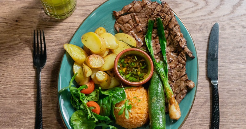 Steak, potatoes, and veggies