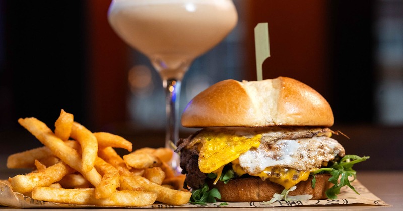 Cali Smashed Burger, fries, and an Espresso Martini