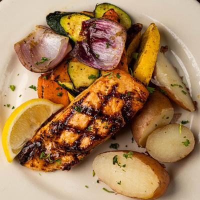 Grilled salmon with roasted vegetables