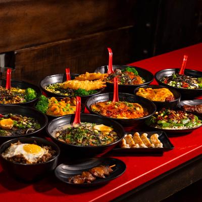 Various served meals on a table.