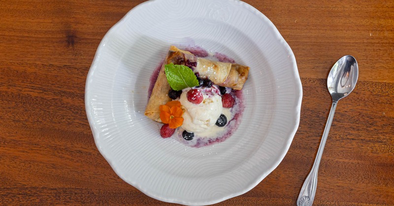 Banana Spring Rolls, with vanilla ice cream and berry compote