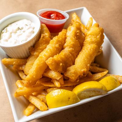 Fish and Chips, with lemon, and tartar sauce.
