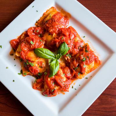 Pasta with tomato sauce and decorations