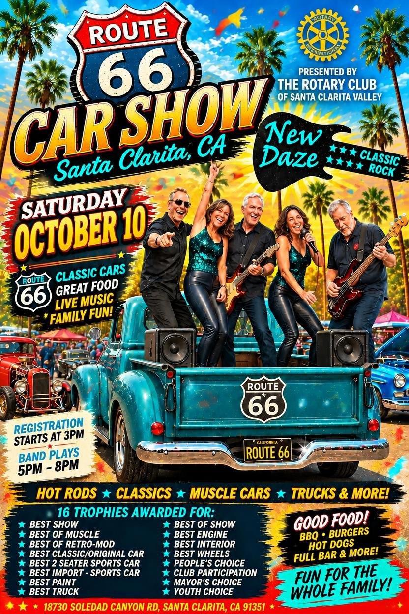 SCV Rotary Club Car Show at Route 66 Classic Grill Saturday October 10th featuring live music by New Daze