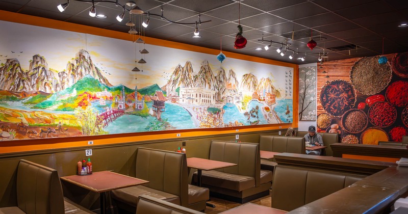 Interior, booths, lined up dining tables