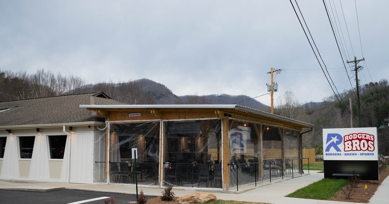 Exterior, side view to the restaurant, a porch in front the entrance