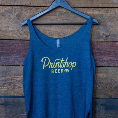 Blue tank top with the company logo.