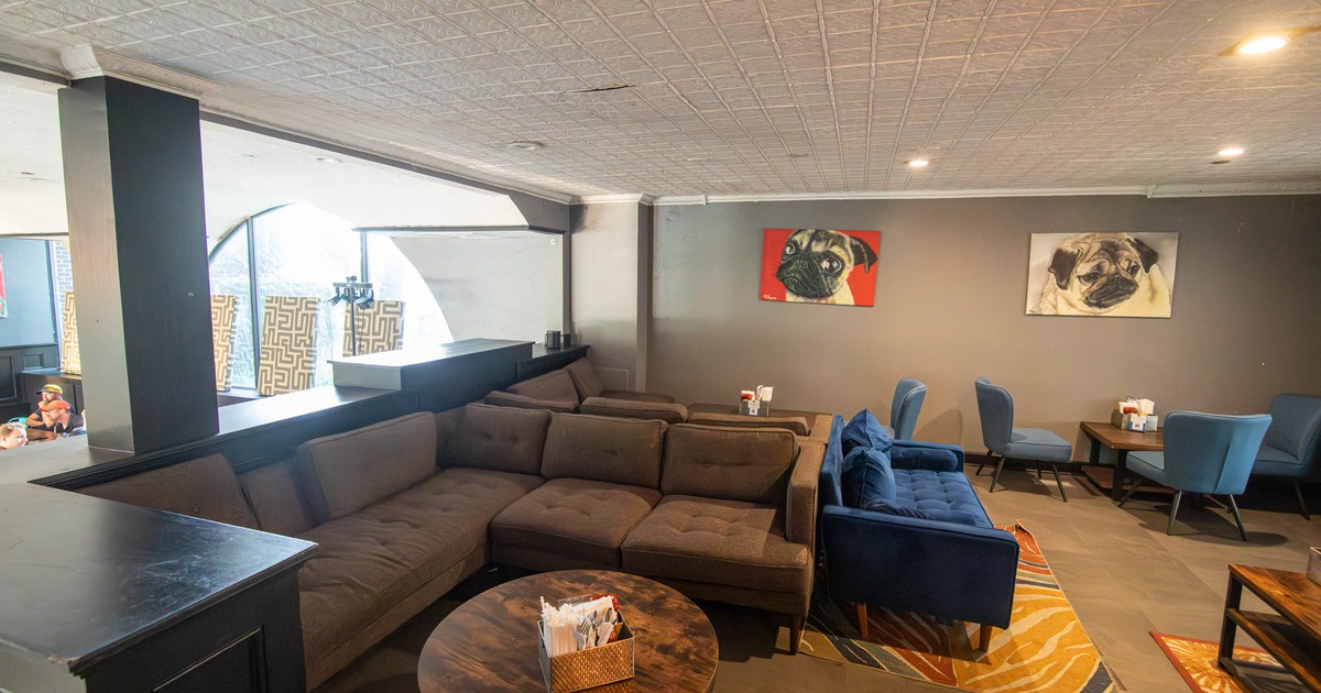 A comfortable lounge area with a large sectional sofa, blue armchairs, and pug-themed artwork