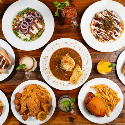Various dishes and drinks on a table.