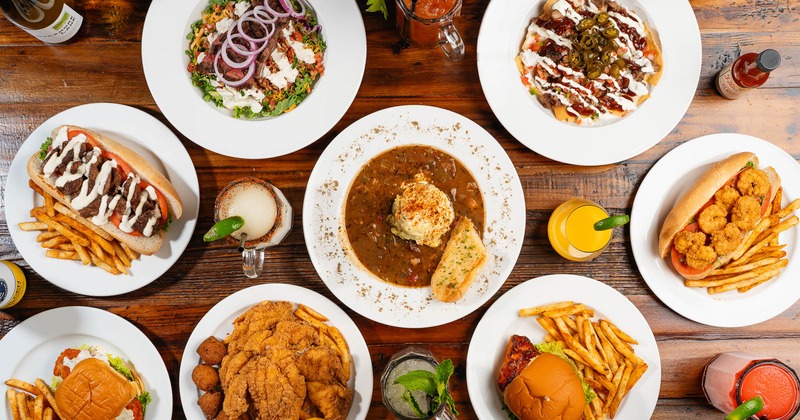 Various dishes and drinks on a table