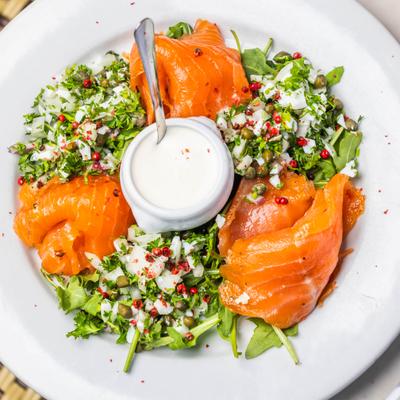 Smoked salmon salad with creamy dressing.