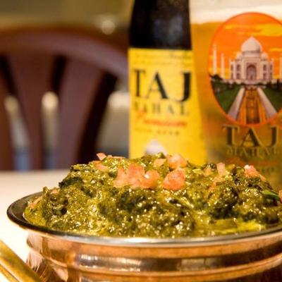 Palak Paneer and Taj Mahal beer.