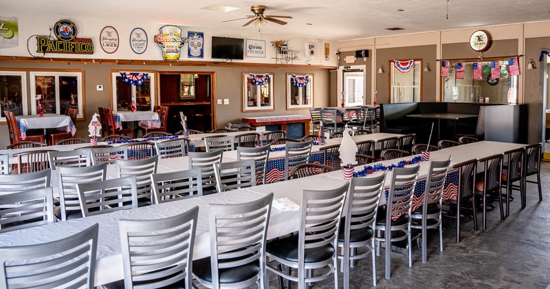Interior, tables and chairs lined up