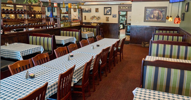 Interior, dining area with a log table