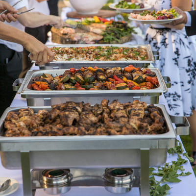Four dishes lined up, ready for service