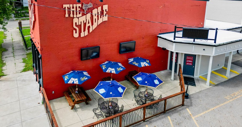 Exterior, tables, chairs and parasols