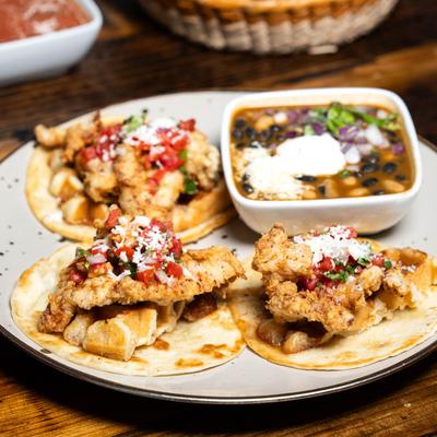 Chicken & Waffle Tacos at 13 Tacos & Taps.