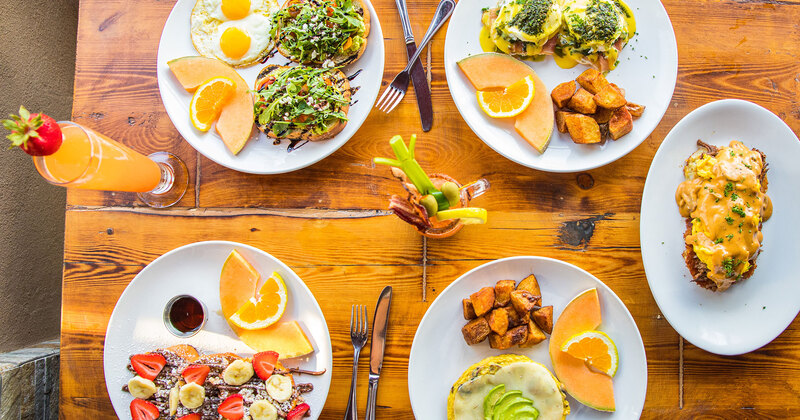 Varaitey of breakfast specials and drinks, top view