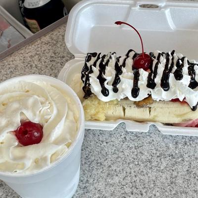 hot fudge cake and a banana split.