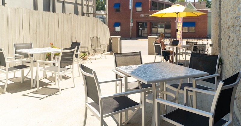 Patio, dining tables and chairs, parasol