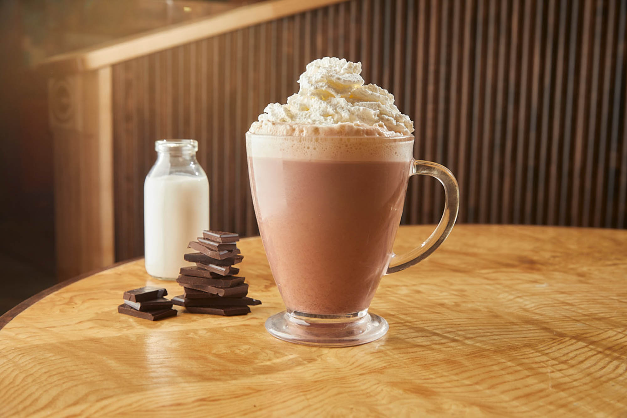 Chocolate mocha in a clear glass with whip cream