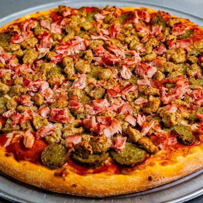 Meat Lovers Pizza, with mozzarella, ham, Italian sausage, pepperoni, and meatballs.