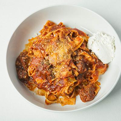 Pappardelle pasta, with braised short ribs, porcini mushrooms, ricotta, and parmesan.