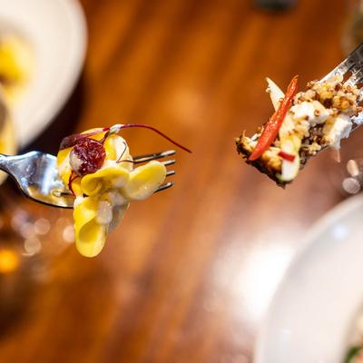 Fiocchi pasta and Quinoa salad on forks