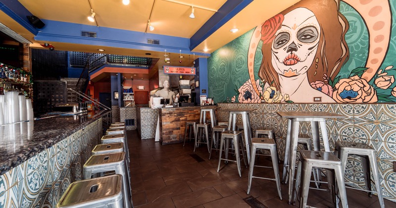 Interior, seating area, colorful wall mural