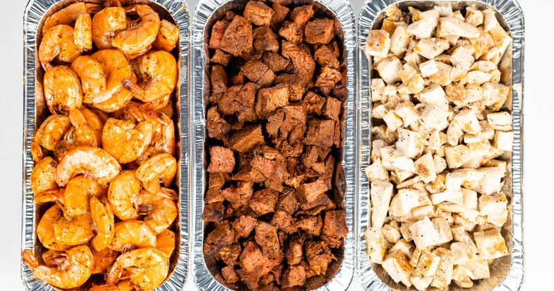 Grilled shrimp, steak, and chicken