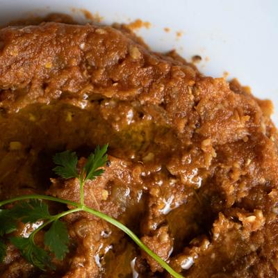 Smoked eggplant dip, close-up.