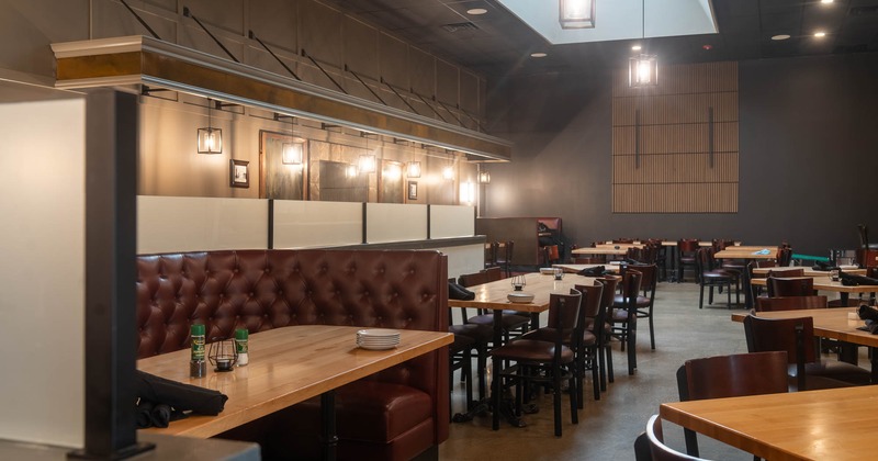 Interior, seating area, tables ready for guests