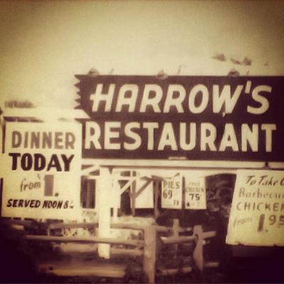 Vintage sepia picture of Harrow's Restaurant signs.