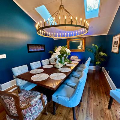 Interior, seating area with table and chairs.