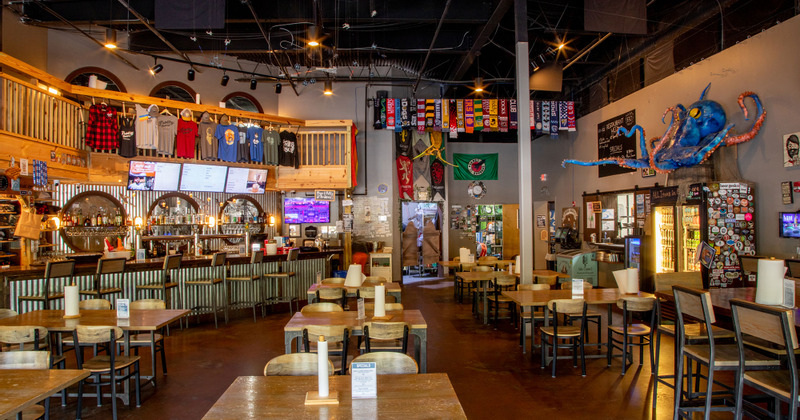 Interior, wide view with the bar and seating area