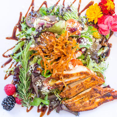 Grilled chicken with vegetable greens, top view.