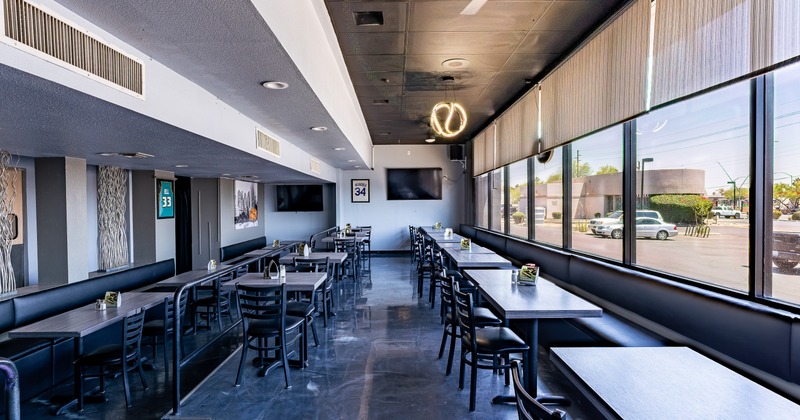 Interior, diner area, tables, chairs