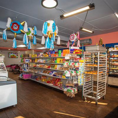 Merchandise on shelves at the venue.