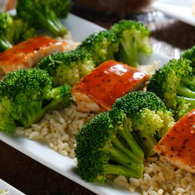 Glazed Salmon with brown rice and broccoli.