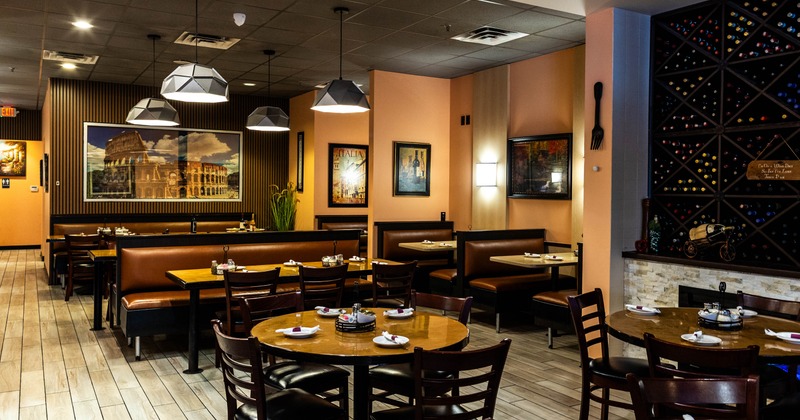 Interior, tables, chairs and seating booths