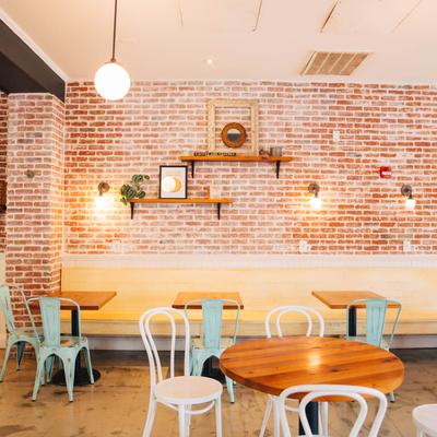 Tables, chairs, lights.